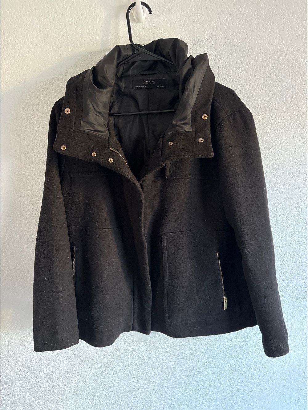 Zara Basic Black Wool Blend Women's Coat Size XL